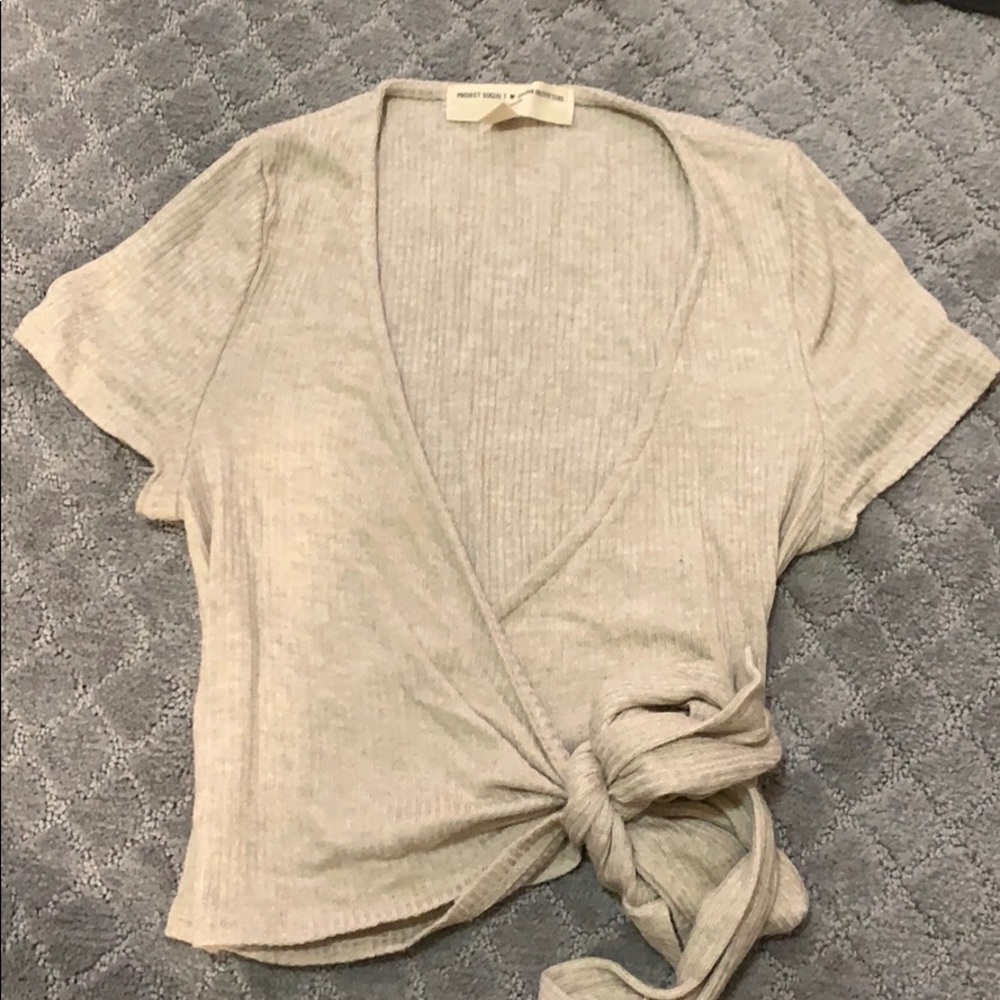 Sand ribbed cropped wrap tie top